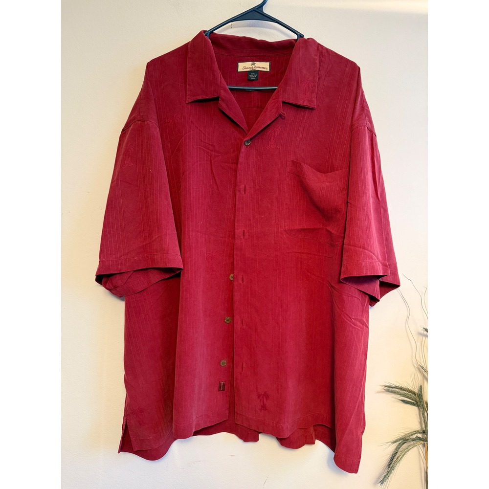 Tommy Bahama Mens Red 100% Silk Palm‎ Tree Embroidered Camp Shirt Short Sleeve